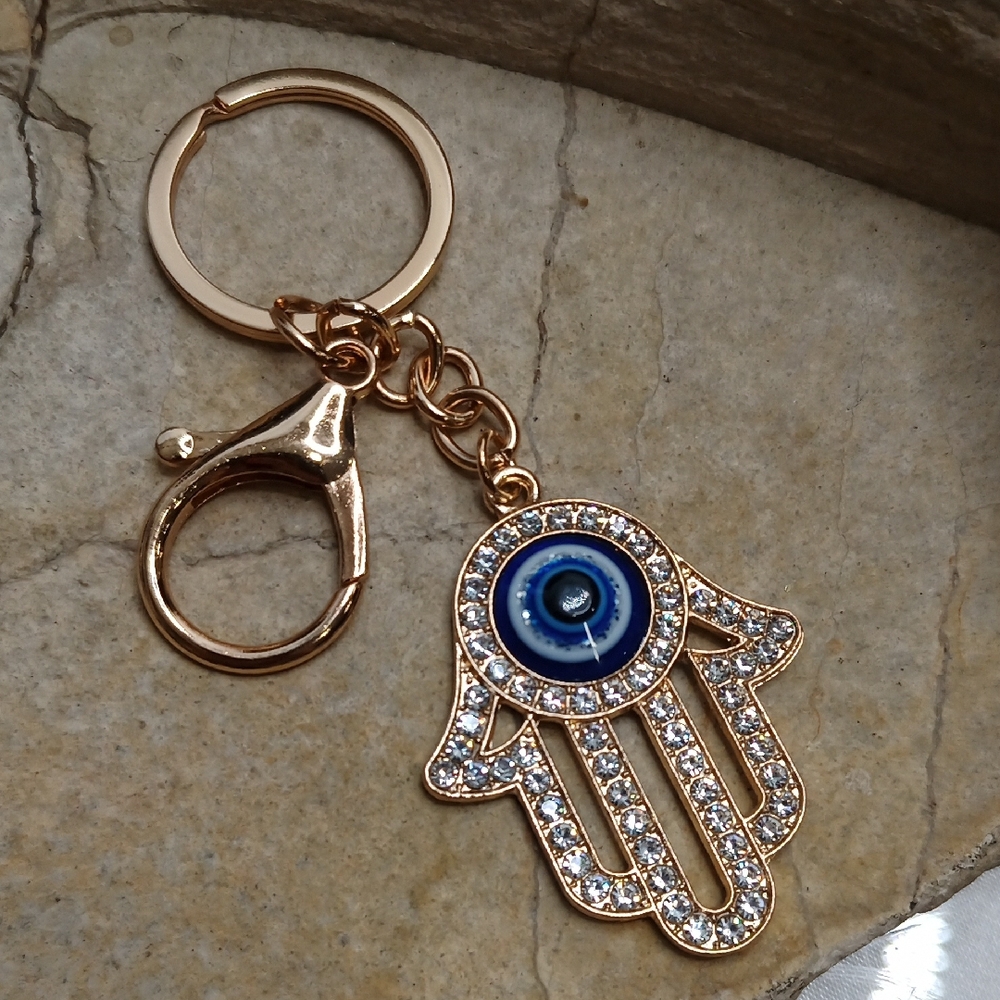 FREE SHIPPING Hamsa Evil Eye Elegant Gold and Blue Keychain Bag Charm 🧿